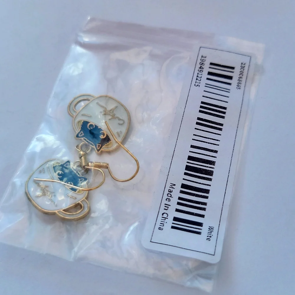 Cat Coffee Cup Dangle Earrings White Black 1.57 Inch Drop Pierced Ears New